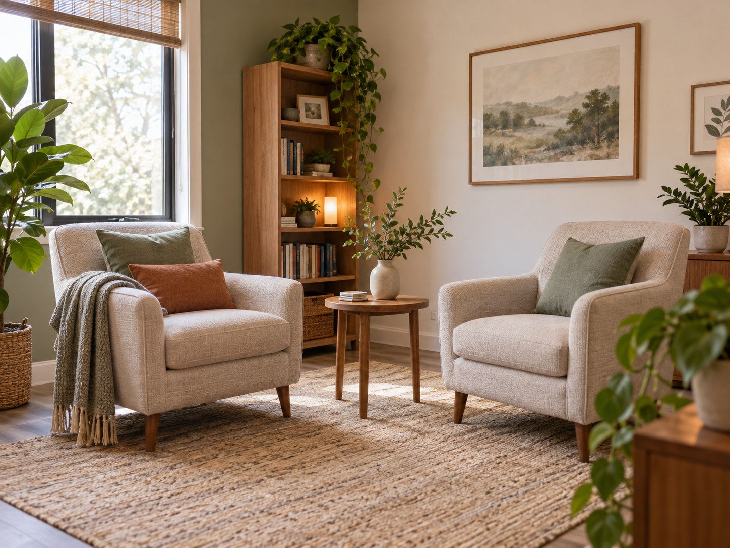 A calm, welcoming therapy office with two comfortable chairs